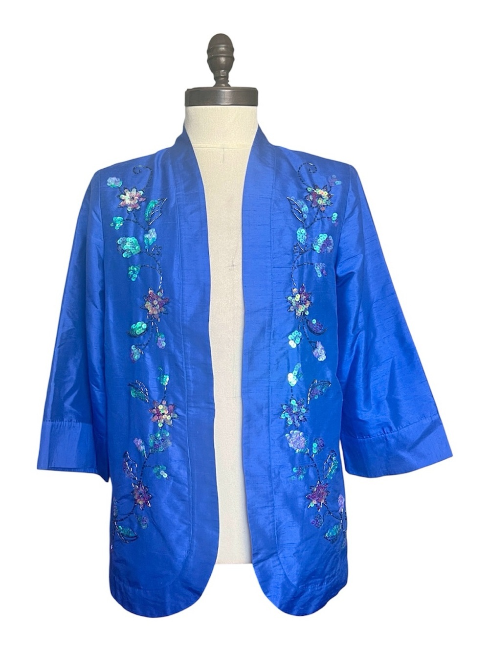 VTG Nolan Miller 100% Silk Beaded Sequin Jacket/Blazer SZ S Blue Wedding Party
